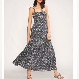 Cynthia Rowley-Azores smocked maxi dress.Blue with pink yellow green print.2X